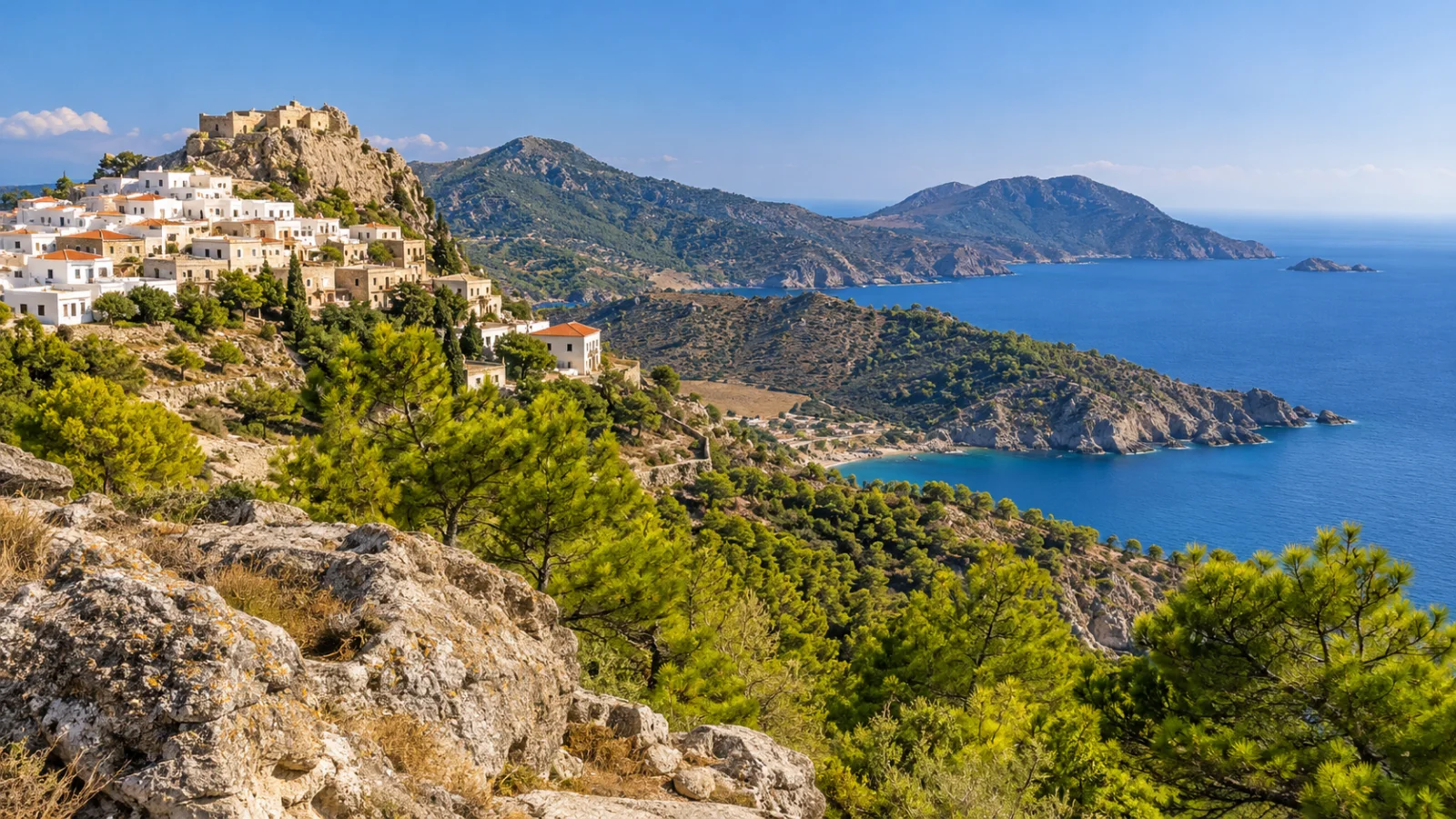 Pine-covered slopes and hillside village above the Aegean
