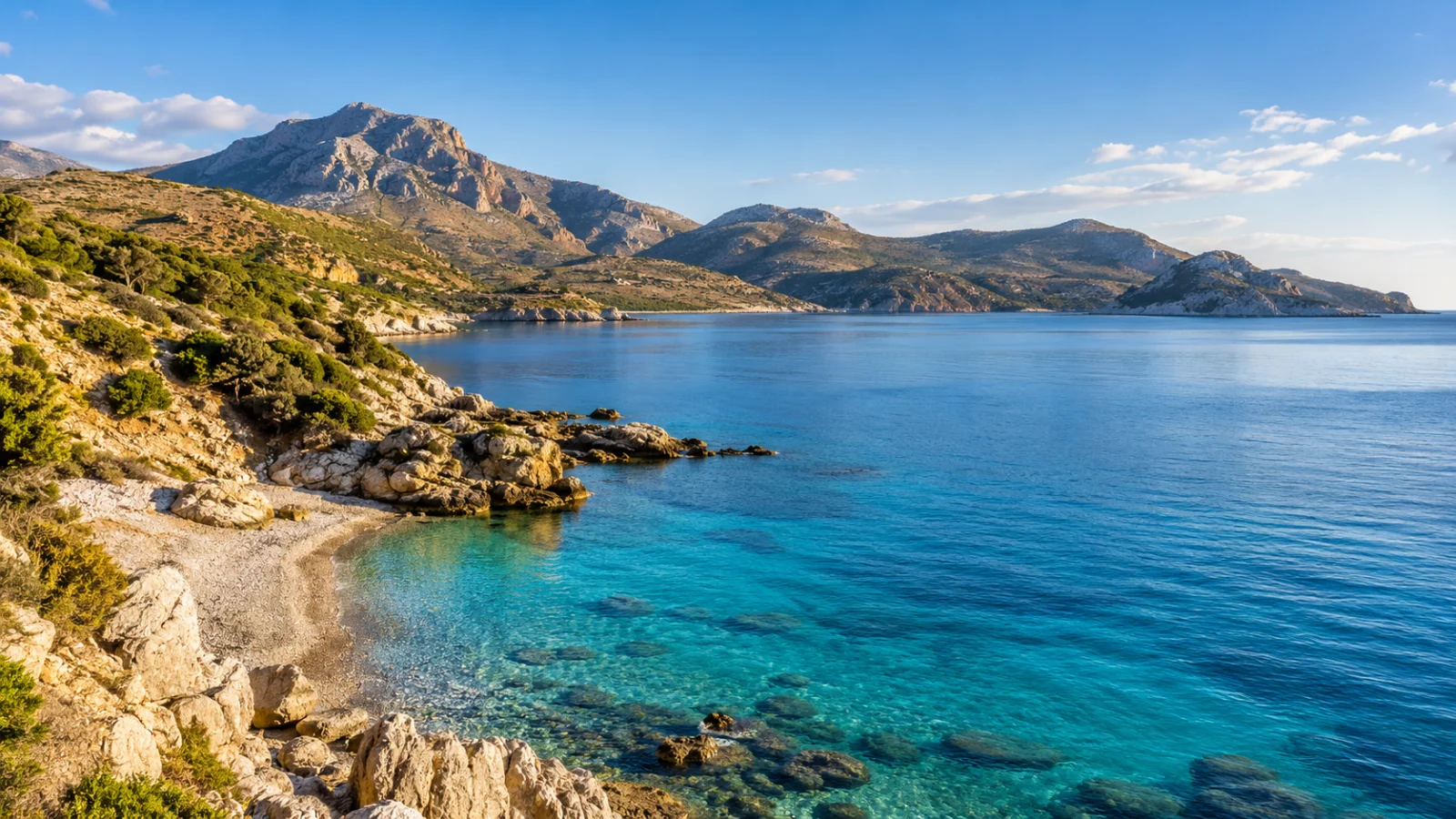 Rocky cove beneath rugged hills beside calm blue Mediterranean water