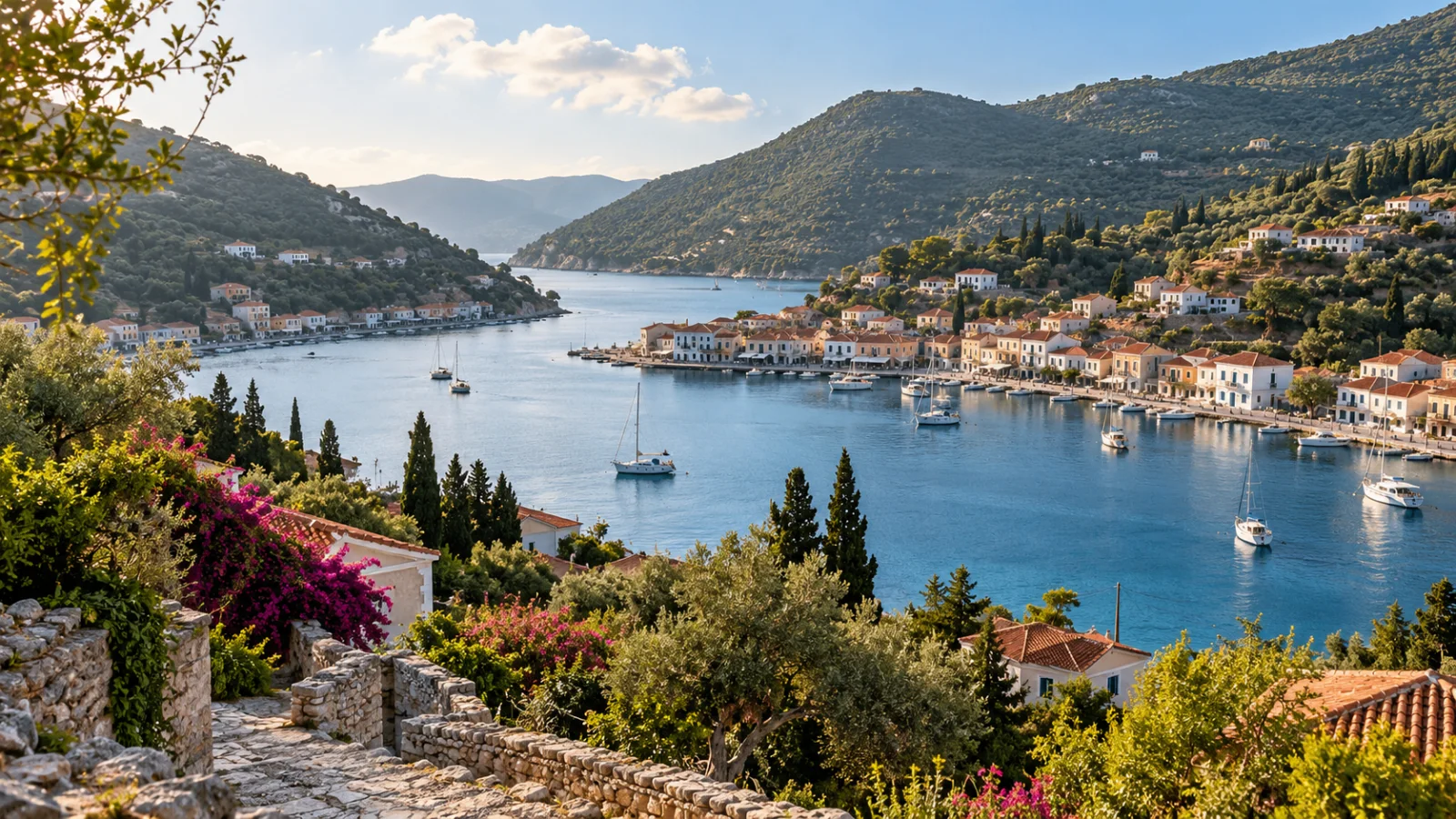 Sheltered harbour with boats and hillside houses above blue water