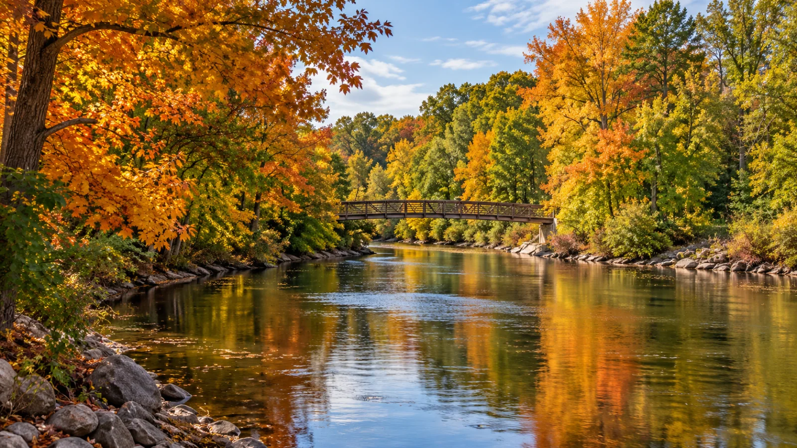 Autumn trees reflected in a river near a small footbridge