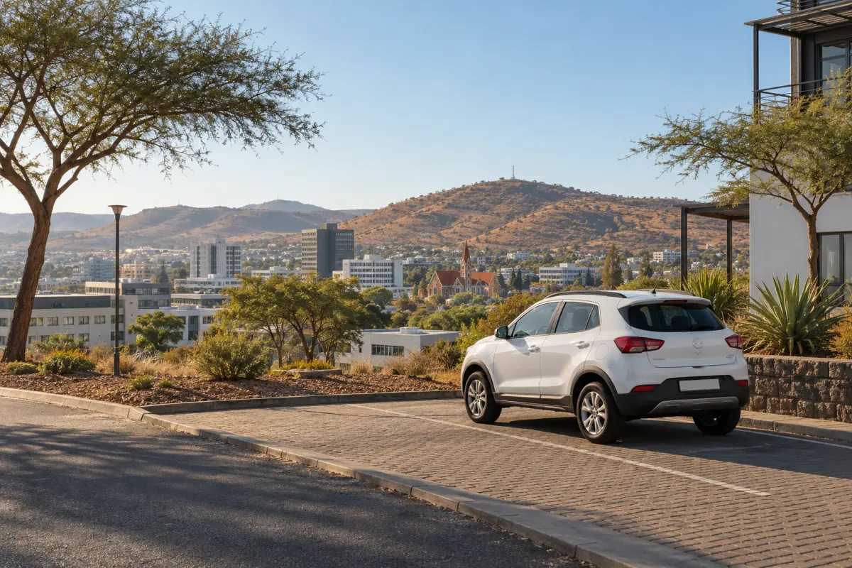 White crossover parked above a city with dry hills in the background